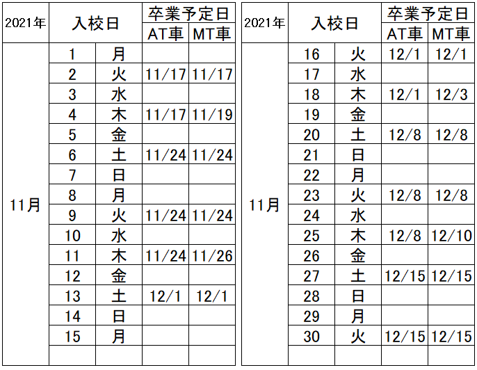 の入校カレンダー11月