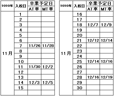 の入校カレンダー11月