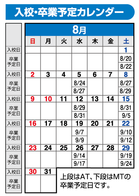 の入校カレンダー8月