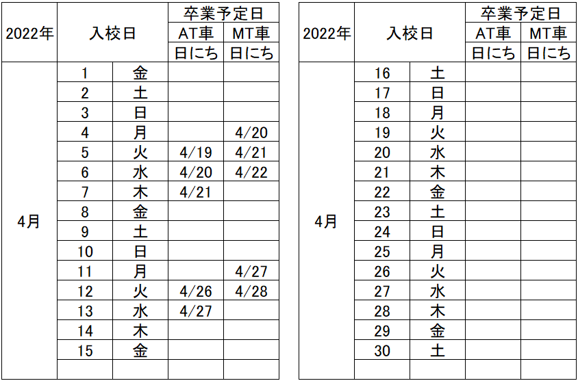 の入校カレンダー4月