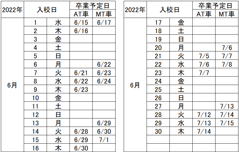 の入校カレンダー6月