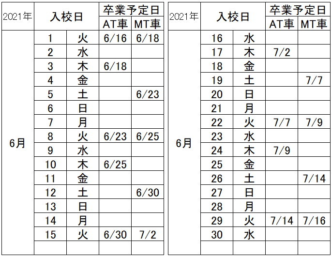 の入校カレンダー6月