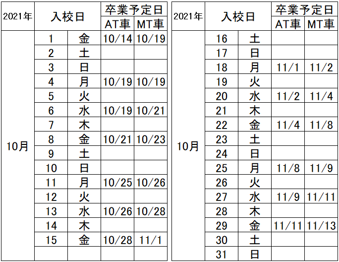 の入校カレンダー10月