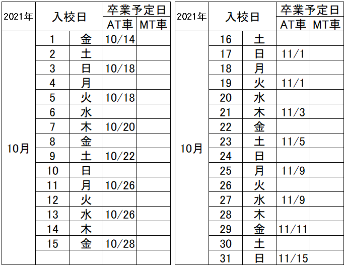 の入校カレンダー10月