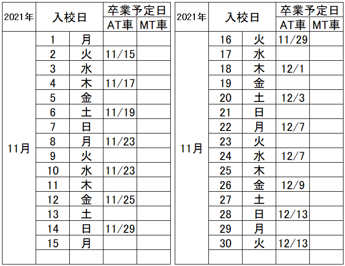 の入校カレンダー11月