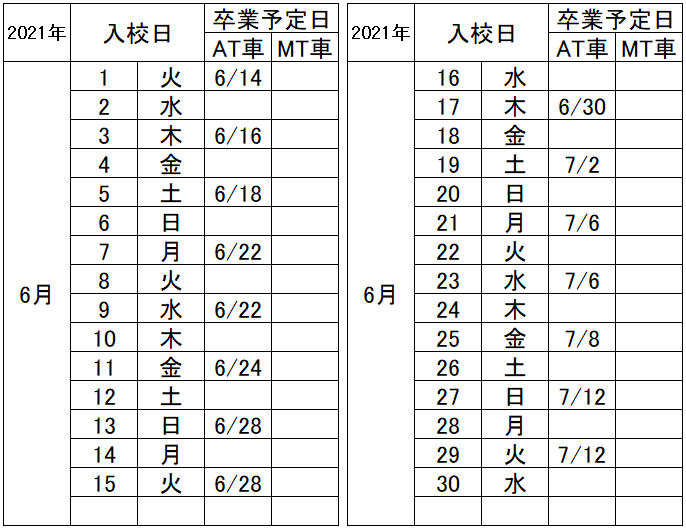 の入校カレンダー6月