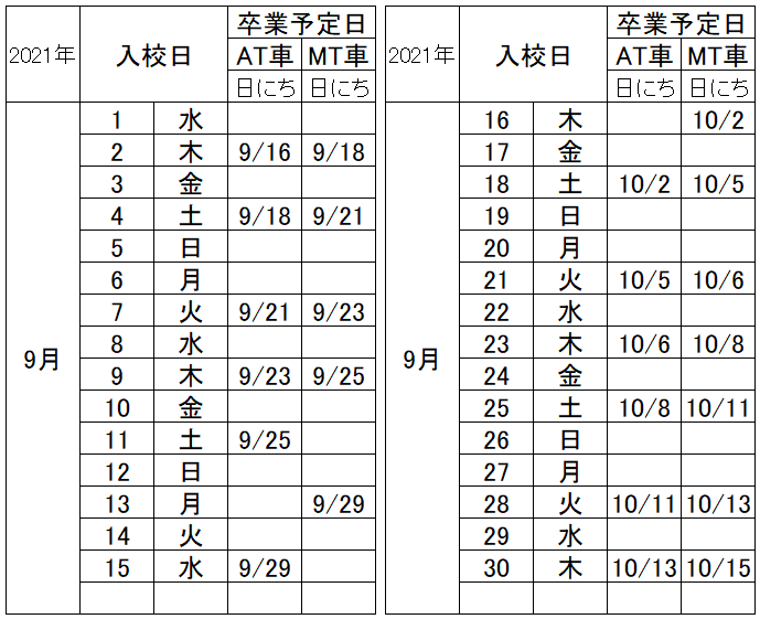 の入校カレンダー9月