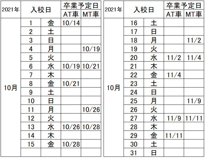 の入校カレンダー10月