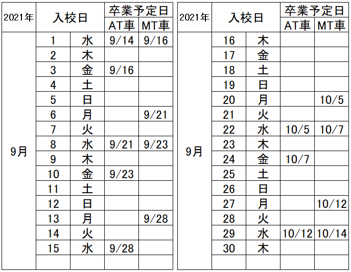 の入校カレンダー9月