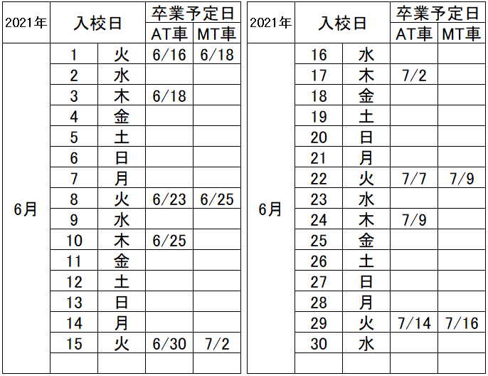 の入校カレンダー6月