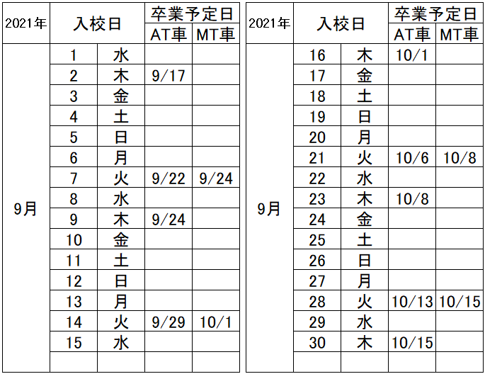 の入校カレンダー9月