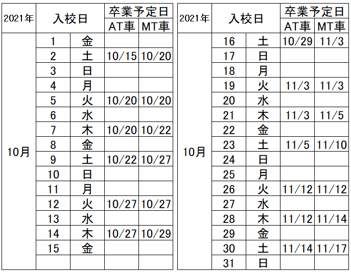 の入校カレンダー10月