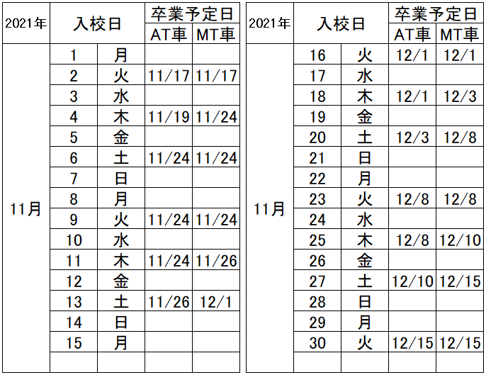 の入校カレンダー11月