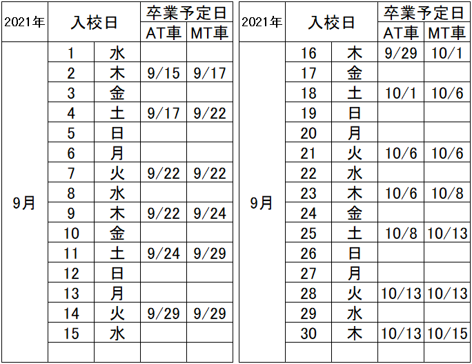 の入校カレンダー9月