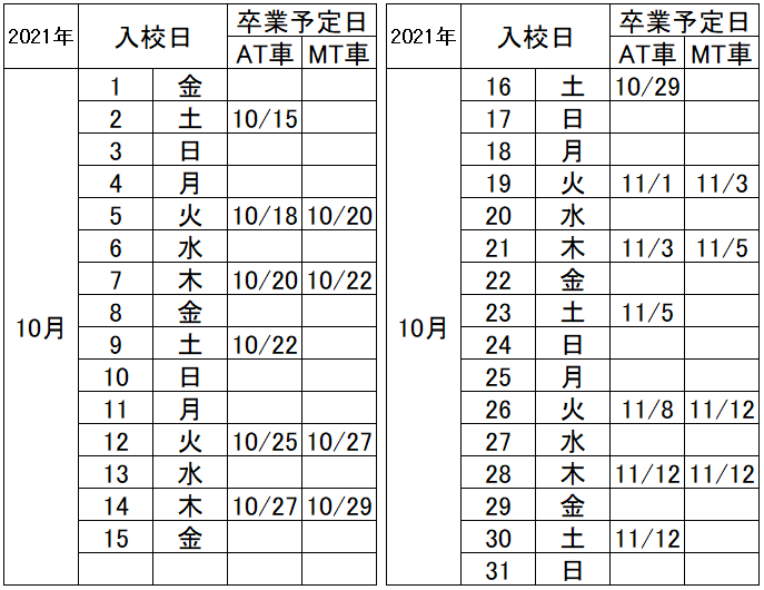 の入校カレンダー10月