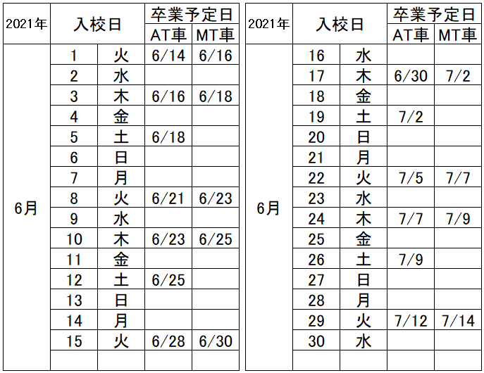 の入校カレンダー6月