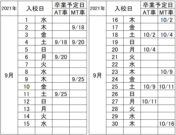 の入校カレンダー9月