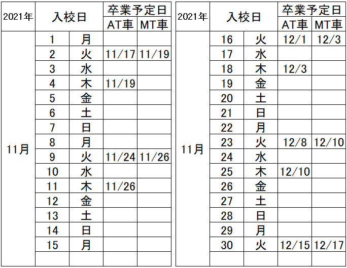 の入校カレンダー11月