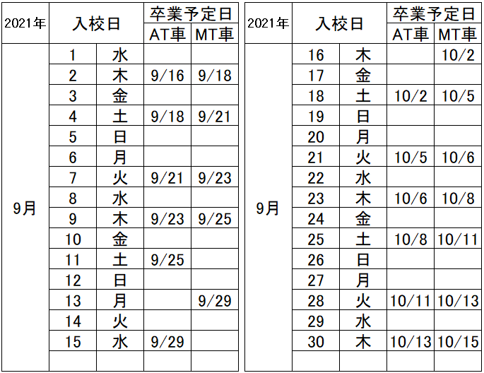 の入校カレンダー9月