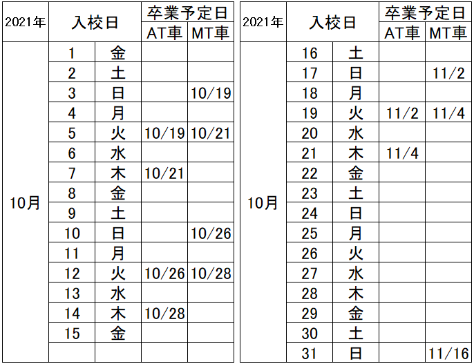 の入校カレンダー10月