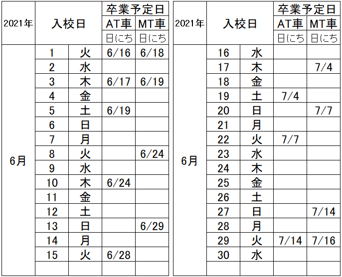 の入校カレンダー6月