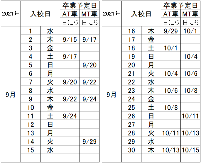 の入校カレンダー9月