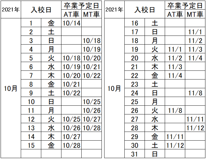 の入校カレンダー10月