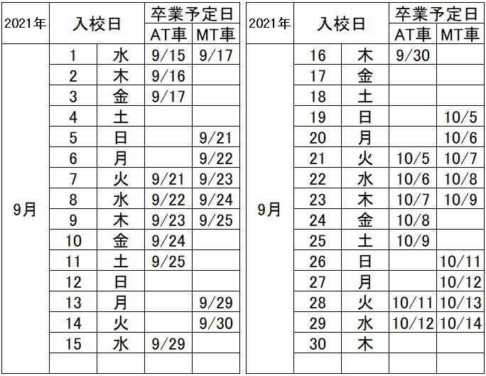 の入校カレンダー9月