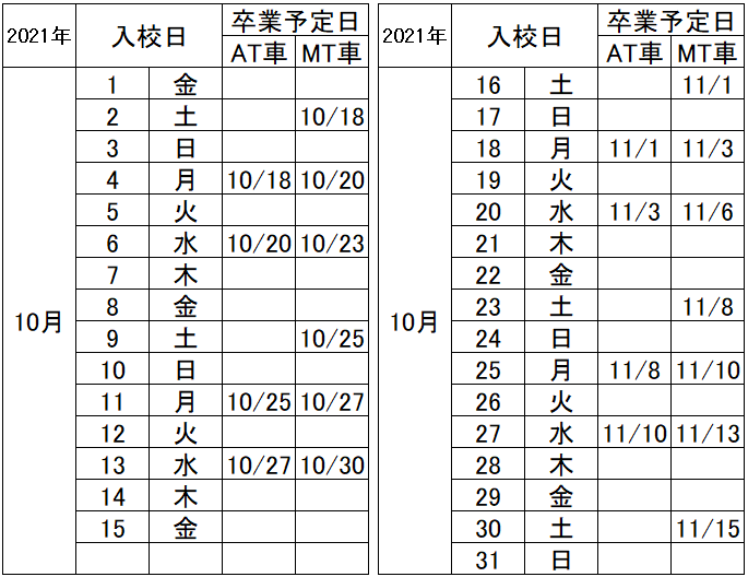 の入校カレンダー10月