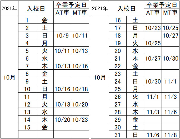 の入校カレンダー10月