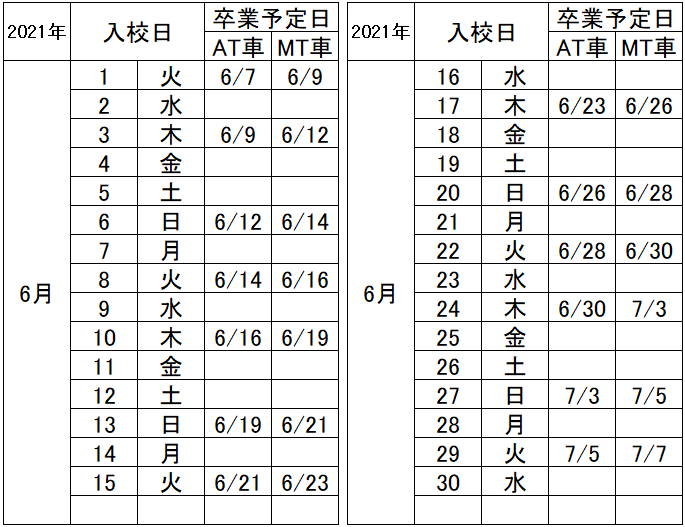 の入校カレンダー6月