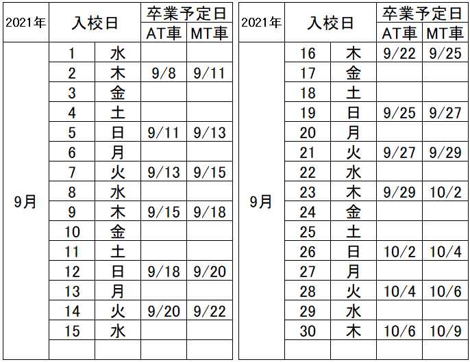 の入校カレンダー9月