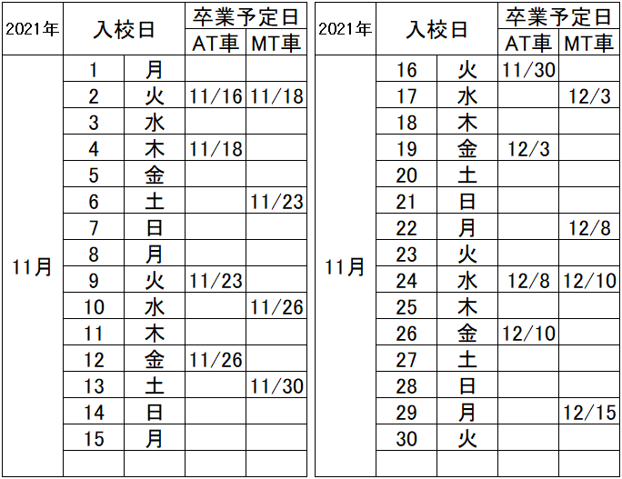 の入校カレンダー11月