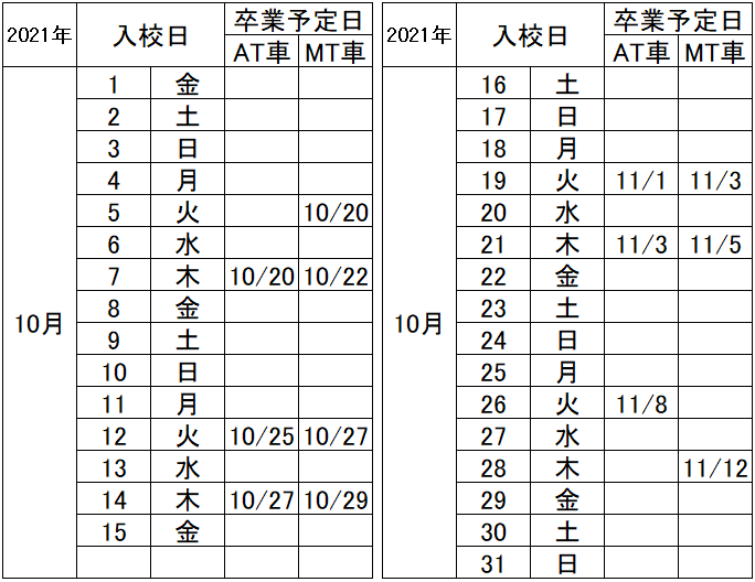 の入校カレンダー10月