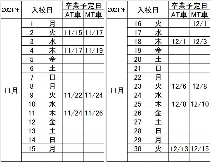 の入校カレンダー11月