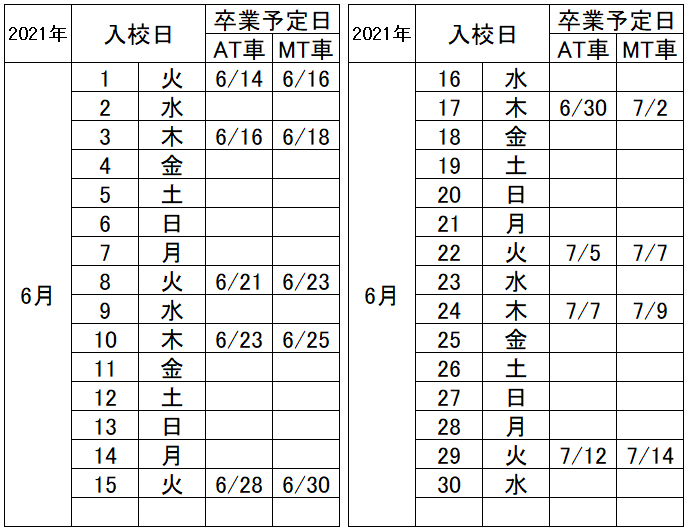 の入校カレンダー6月