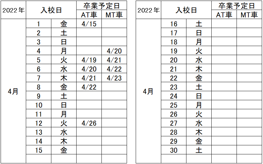 の入校カレンダー4月