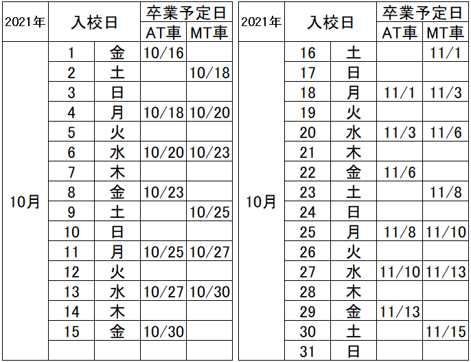 の入校カレンダー10月