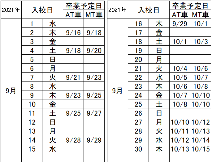 の入校カレンダー9月