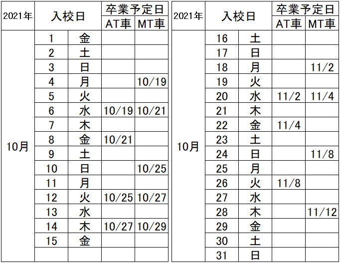 の入校カレンダー10月