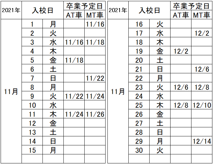 の入校カレンダー11月