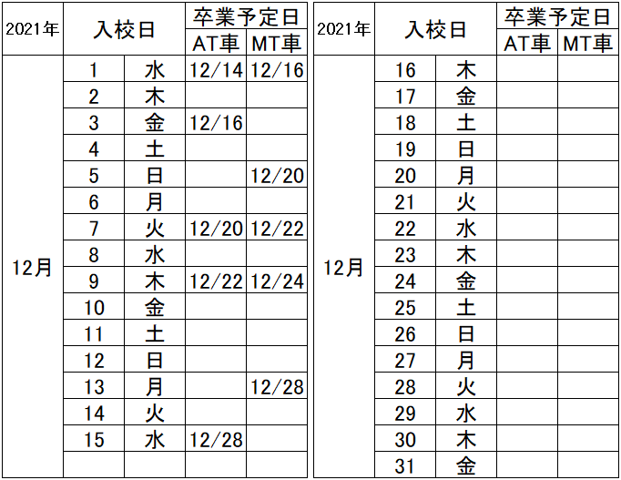 の入校カレンダー12月