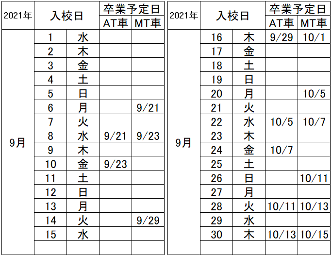 の入校カレンダー9月