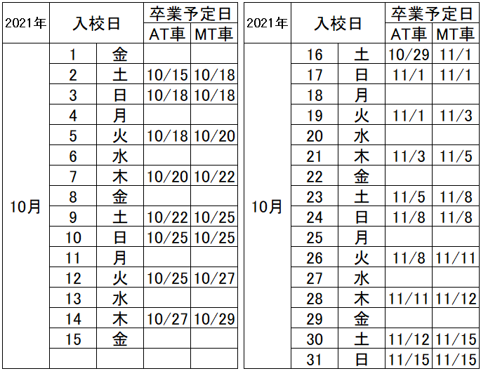 の入校カレンダー10月