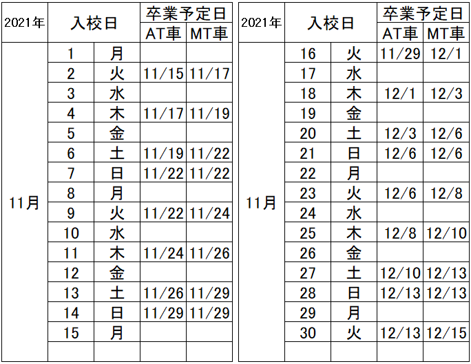 の入校カレンダー11月