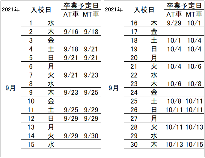 の入校カレンダー9月