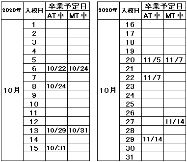 の入校カレンダー10月