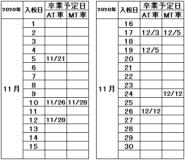 の入校カレンダー11月