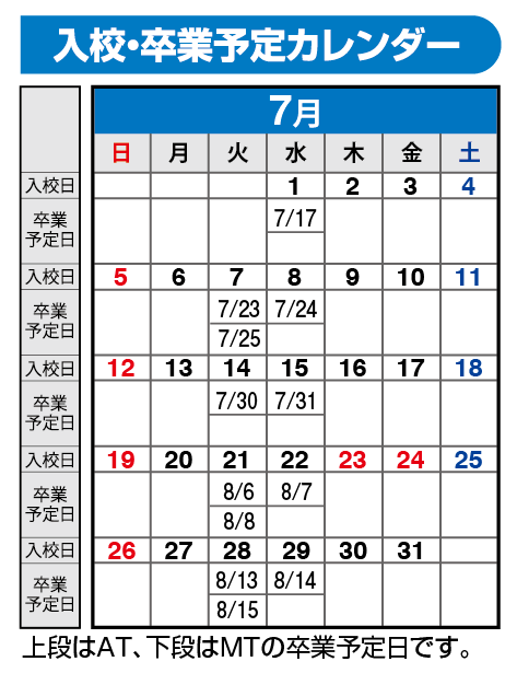 の入校カレンダー7月