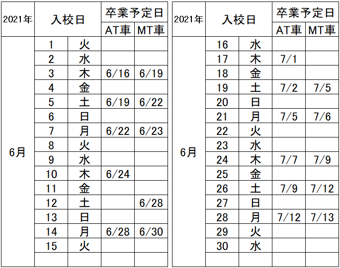 の入校カレンダー6月